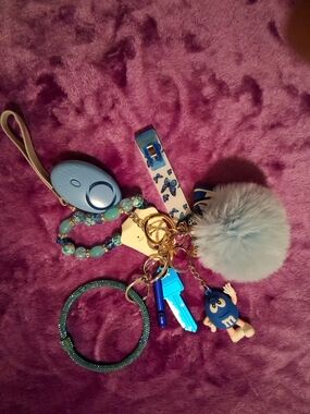 Kids Blue Pom-Pom Keychain with Bead Bracelet and Charm